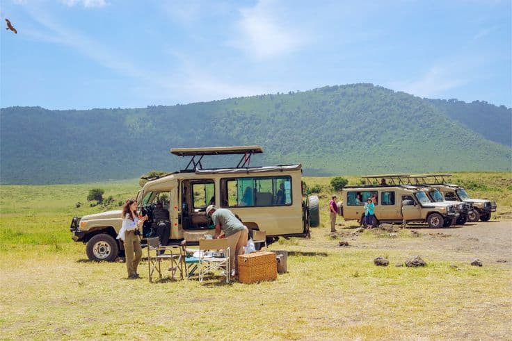 Picnic stop with safari vehicles below a mountain backdrop